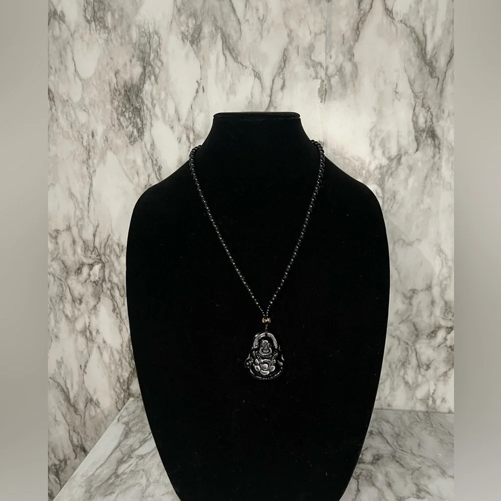 JADE obsidian Black Hand Carved Maitreya Buddah Pendant Necklace